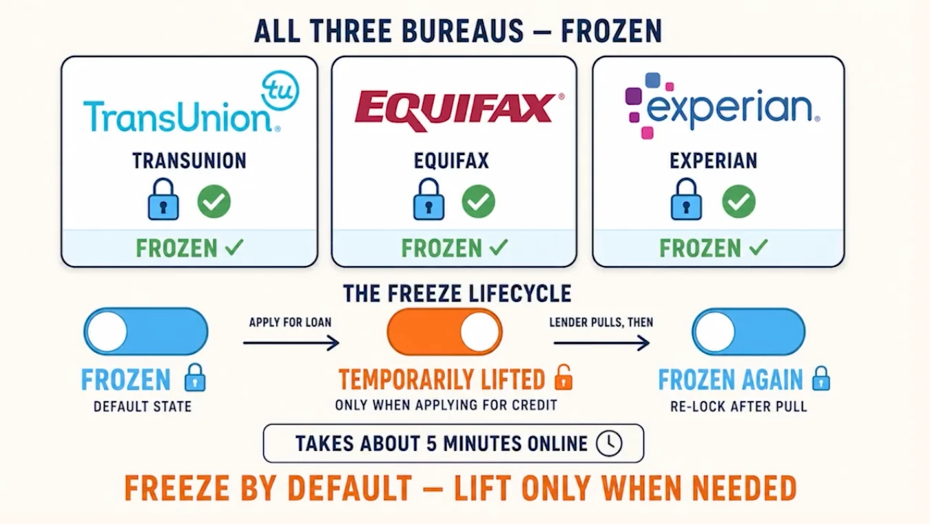 Credit freeze lifecycle: frozen by default, temporarily lift when applying, freeze again after lender pulls