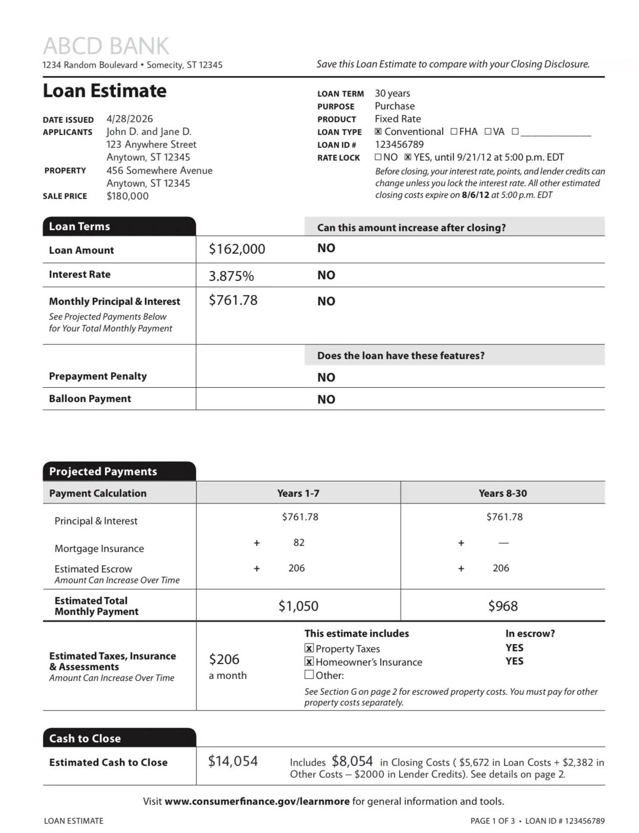 Sample Loan Estimate, page one