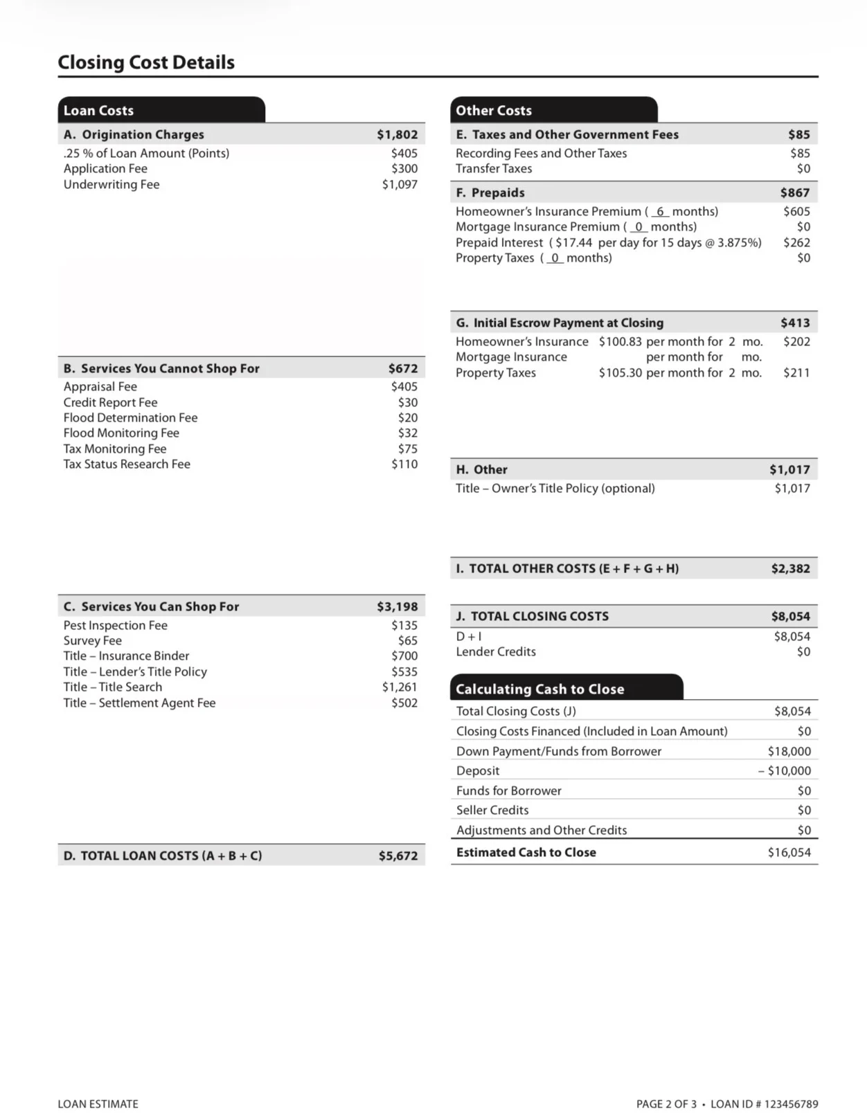 Sample Loan Estimate, page two showing closing cost sections